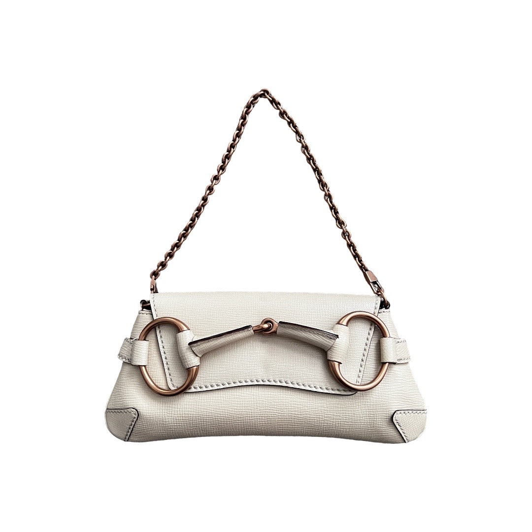 Gucci white leather horsebit chain bag