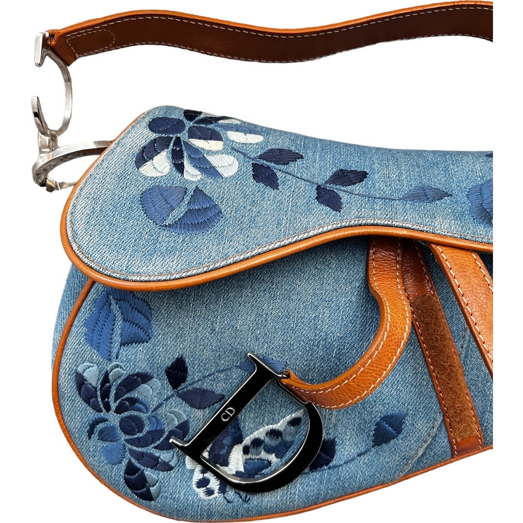 Dior 2000s vintage denim embroidered saddle bag