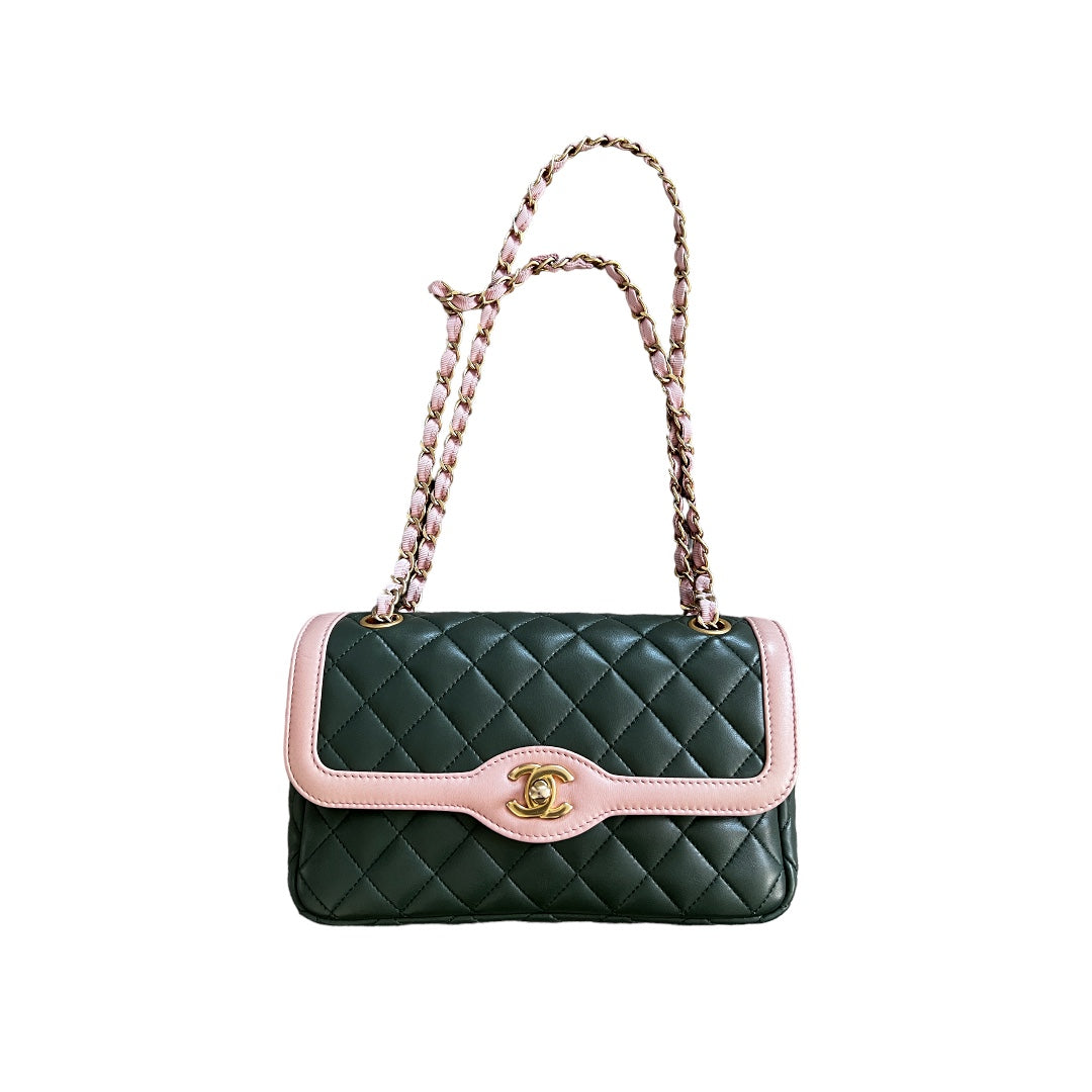 Chanel Green & Pink Quilted Lambskin Single Flap Bag