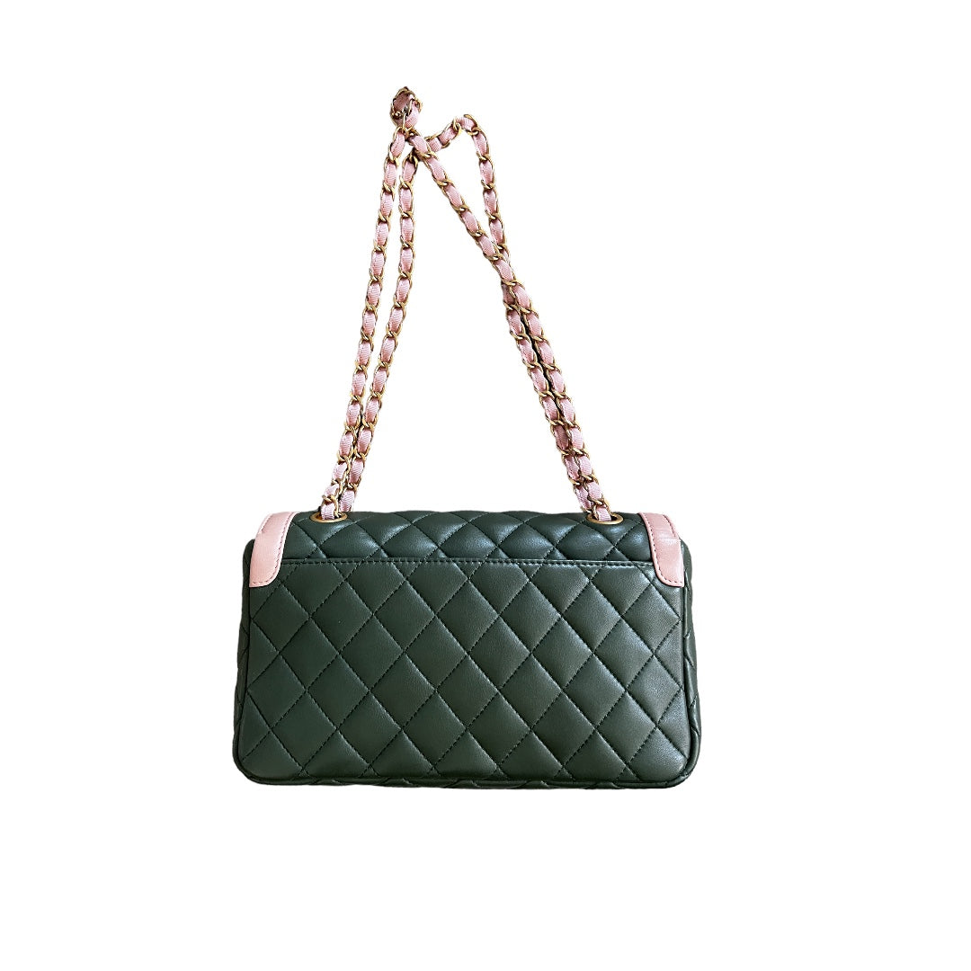 Chanel Green & Pink Quilted Lambskin Single Flap Bag