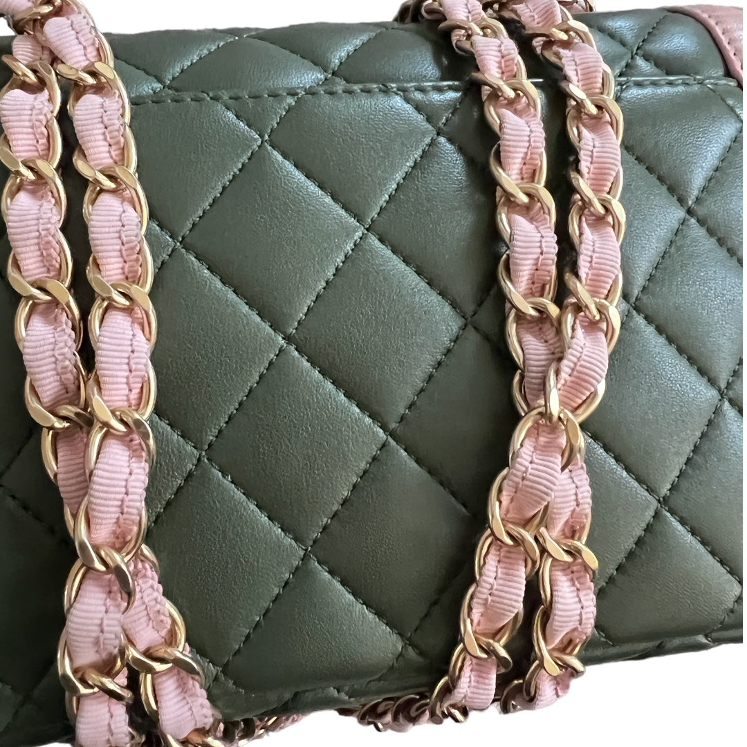 Chanel Green & Pink Quilted Lambskin Single Flap Bag