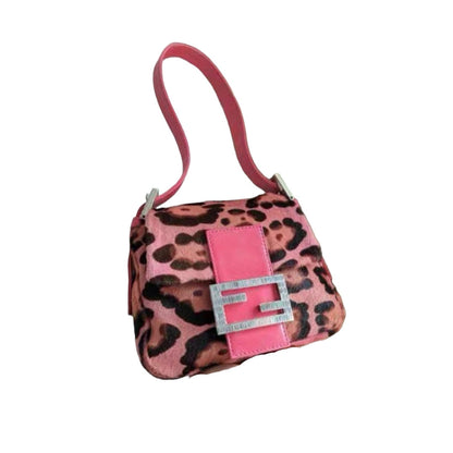 Fend pink pony hair rhinestones buckle hand bag